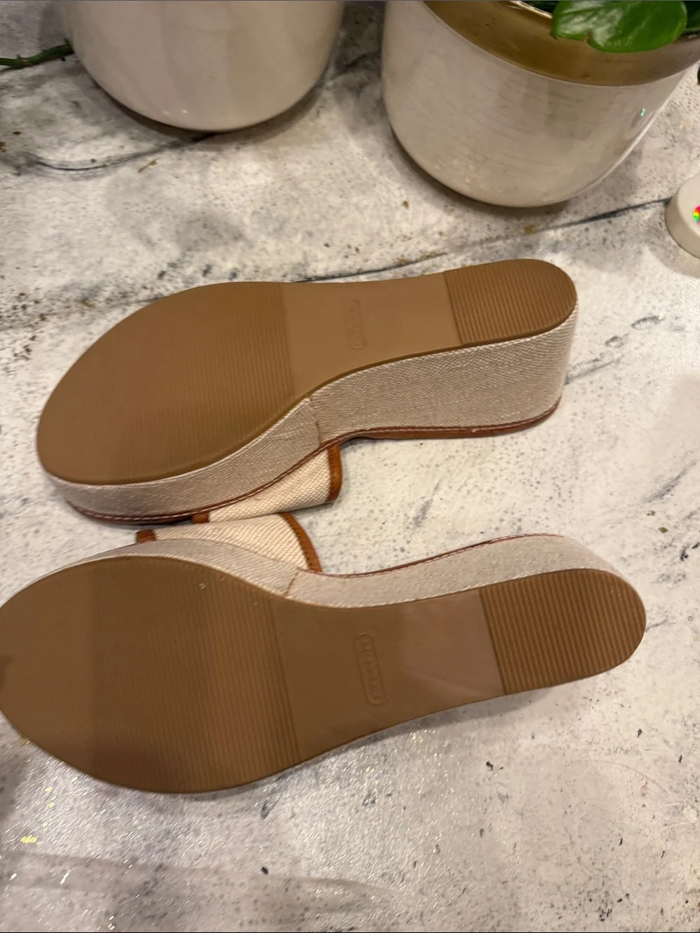 Coach Women’s Tan Leather & Canvas Slide Wedges - Natural/Tan size 10